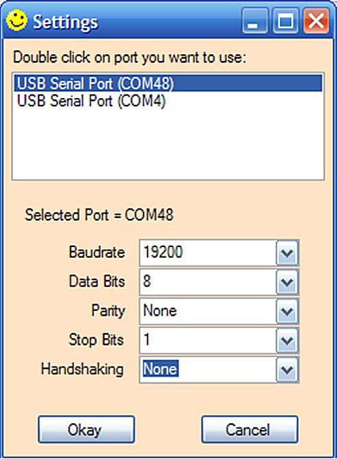 Figure 6: Port Settings Click the Setting menu item and you should see the Settings form shown in Figure 6: Port Settings, which will list all your serial port devices. In this case, we select COM10.