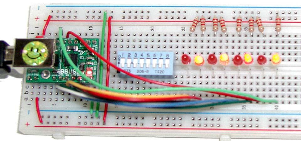 Figure 12: Bit-banging LEDs Breadboard We will test bit-banged output using LEDs that have their anodes tied to Vcc via 2.