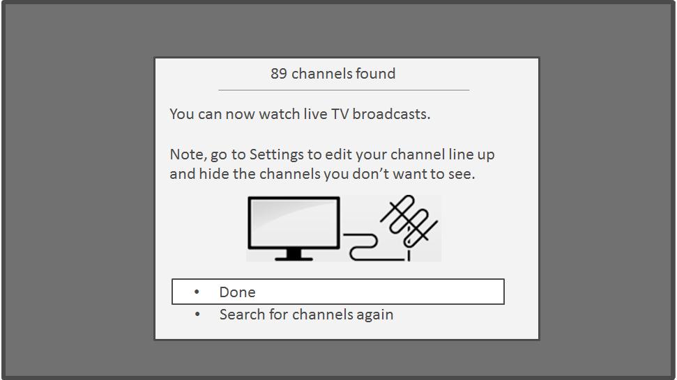 7. When the channel scans finish, the TV shows the number of channels it added. Scanning for channels can take several minutes.