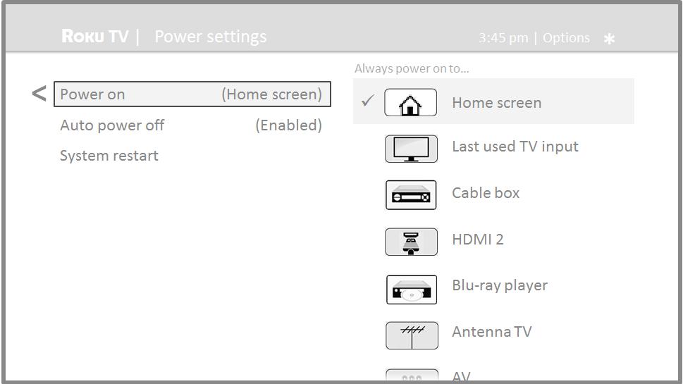 Configure power settings Power settings let you set up your TV so that it turns on to the location you choose.