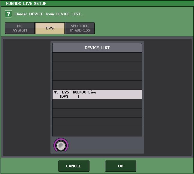 Recorder 1 Setup method select buttons Choose one of the following methods by which to specify DVS or Dante Accelerator. NO ASSIGN... Not assigned DVS.