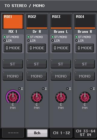 Use the Bank Select keys in the Fader Bank section and the [SEL] keys on the top panel to select the MIX channel from which you want to send the signal to the STEREO/MONO bus. 2.
