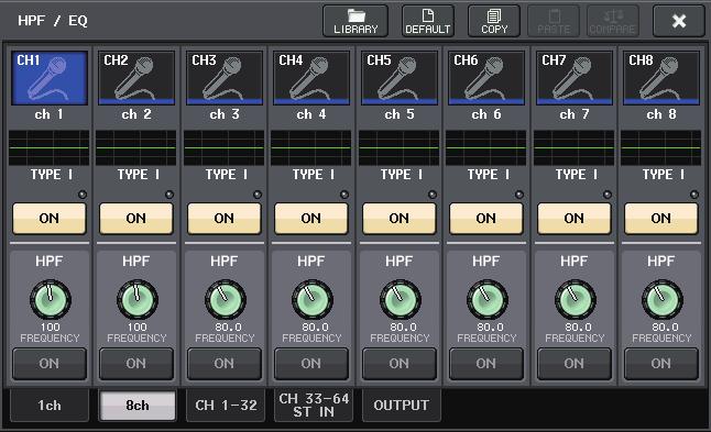 EQ and Dynamics HPF/EQ window (8ch) This window displays the input channel or output channel EQ settings in groups of 8 channels simultaneously.