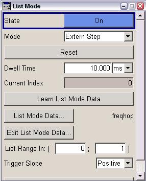 Sequencer Mode Application Example 3 Frequency Hopping Fig. 24: Required RF list mode settings and RF list mode list.