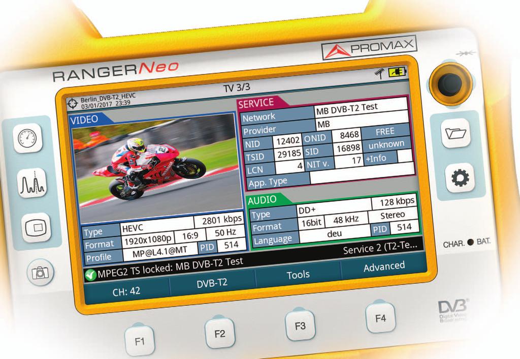 The future today HEVC H.265 DECODING High Efficiency Video Codec RANGER Neo + is the new industry-standard in field strength meters and TV analysers.