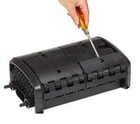 Hinged splice trays easily snap into place Large cable guide channels on each side of the