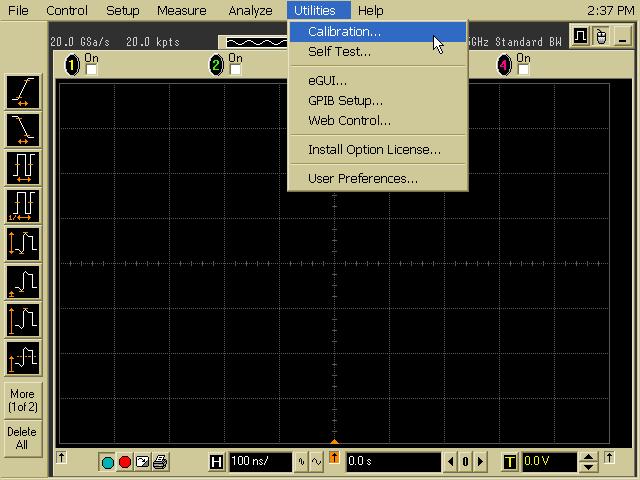 Calibrating the Infiniium Oscilloscope and Probe 6 2 Referring to Figure 11 below, perform the following steps: a Click on the Utilities>Calibration menu to open the Calibration dialog box.