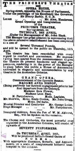 Figure 10.8: Advertisement for the opening of the Princess Theatre and Opera House, and Anna Bishop s Italian Opera season.