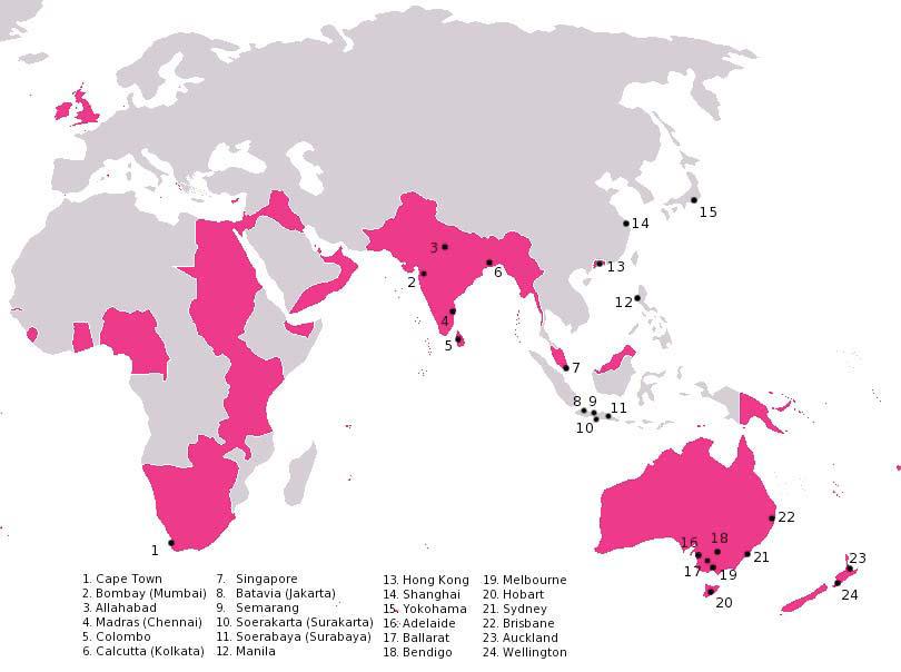 Figure 14.1: Cities to which Cagli toured an opera company between 1865 and 1888 (Pink denotes those territories which were under British influence or were part of the British Empire by the 1890s).