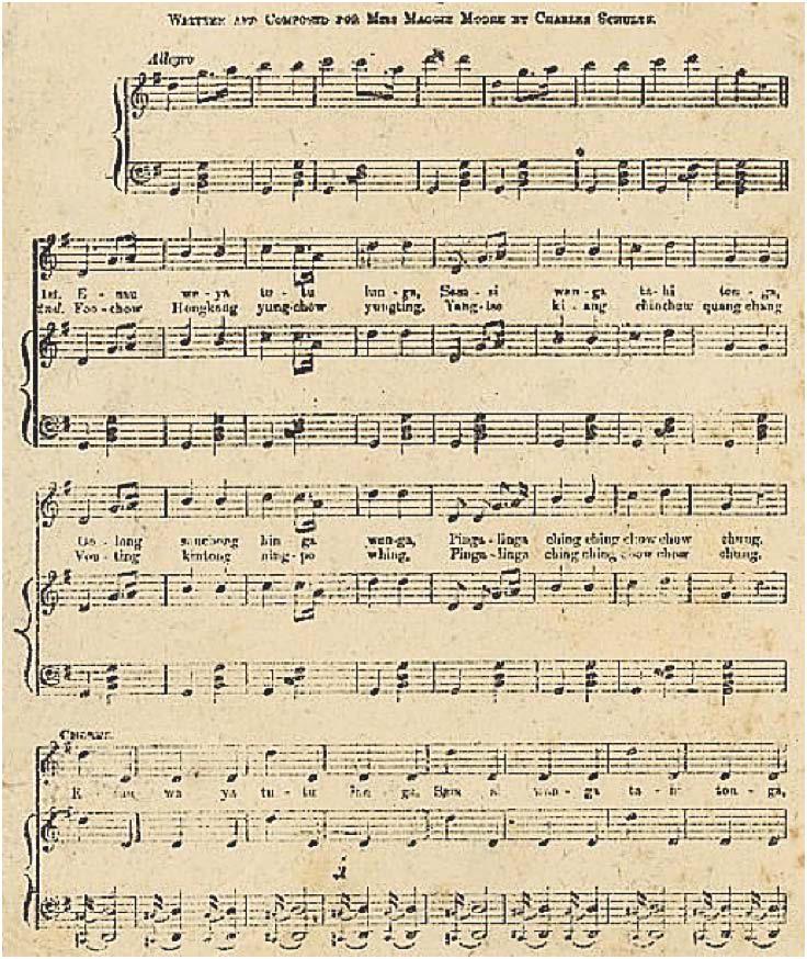 Figure 15.1: First page of Ping-a-ling-a, ching ching, chow chow chong, written and composed by Charles Schultz for Maggie Moore. The song was advertised as a genuine song from a Chinese Opera.