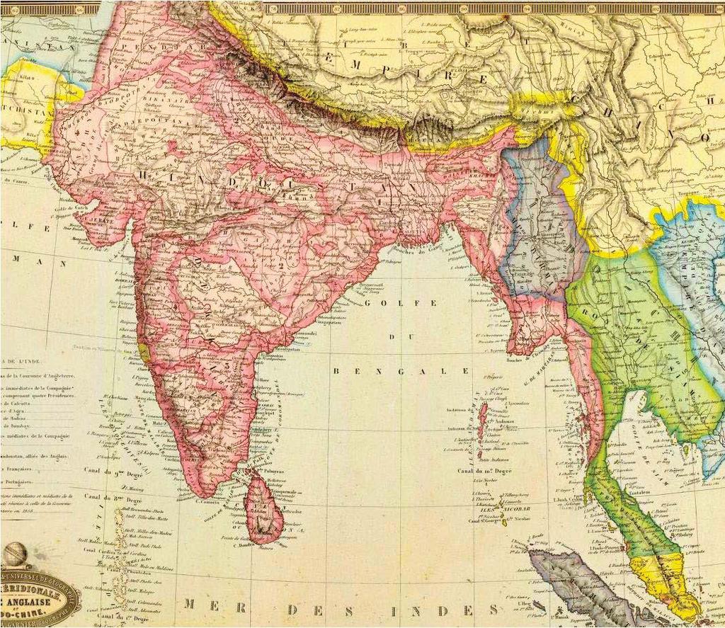Figure 1.7: British India 1862. British possessions marked in red and purple, Siam marked in green, French Indochina marked in blue, Chinese Empire of the Qing Dynasty.