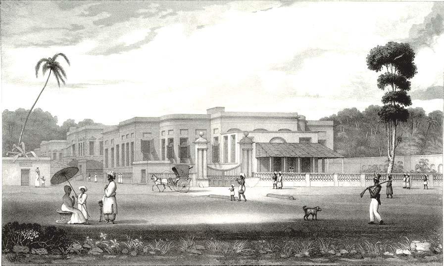 137 136 Detail from Thomas Daniell, 'Old Fort, Playhouse and Holwell's Monument', (Calcutta: British Library