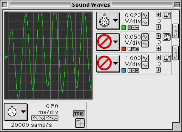 ) The data should appear in the Scope and FFT displays. 2. Sing a single tone into the Sound Sensor. 3. Examine the waveform of your singing in the Scope display.