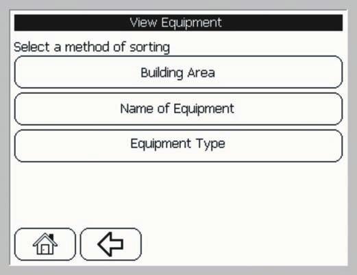 Viewing and Changing System Status Information Figure 8: View Equipment Screen The View Equipment screen enables you to view equipment status by using three different sort methods: Building Area,