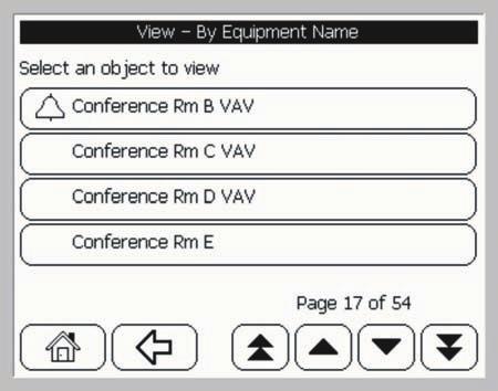 Using the View Screens Figure 10: Sorting by Equipment Name Example Screens Equipment Name This screen displays a list of equipment in