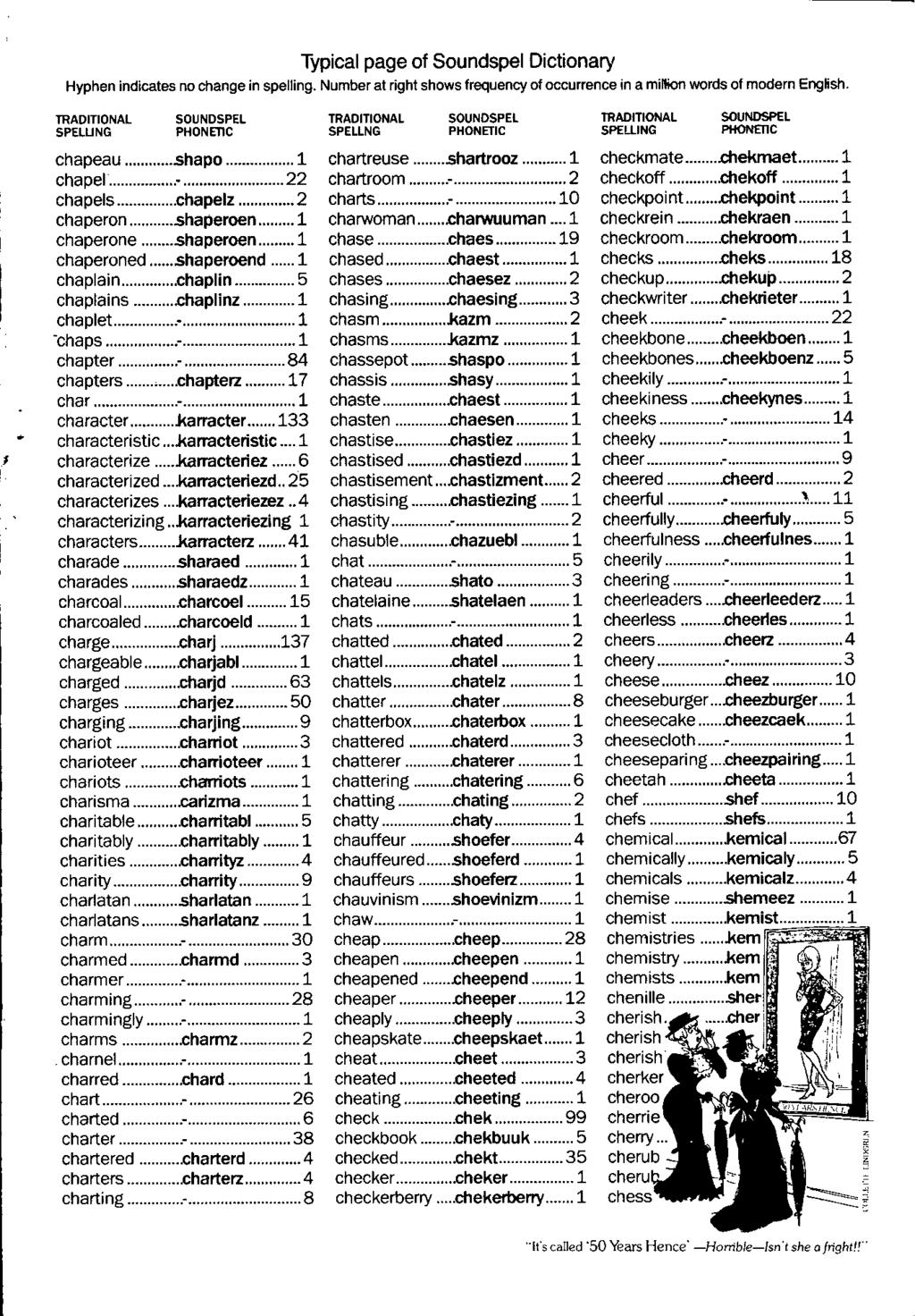 Typical page of Soundspel Dictionary Hyphen indicates no change in spelling. Number at right shows frequency of occurrence in a million words of modern English.