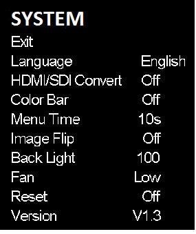 Ch7&Ch8, r ITEMS Exit Language English, Chinese HDMI/SDI Convert On, Off Color Bar On, Off Menu Timer