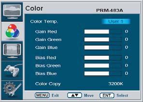 [2] MAIN - Color Color Temp This item controls Color Temperature with presets of 3200K, 5600K, 6500K, 9300K and User1, User2, User3 mode.