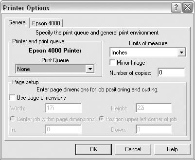18 Installing and Setting Up the Server Software 3. From the Options menu, choose Printer Options, then click the General tab. 4. Under Print Queue, choose EPSON Stylus Pro 4000.
