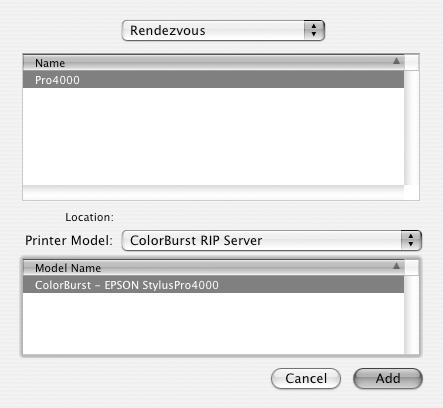 Setting Up Client Systems 23 10. Select the ColorBurst RIP print server name that you specified (see Setting the Print Server Name on page 13) from the list of Rendezvous printers. 11.