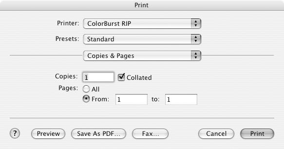 33 Printing When printing over a network, you can print to the ColorBurst RIP from applications (see below) or you can place image files directly into a shared hot folder (page 34).