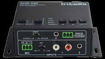 AUDIO AMPLIFICATION AUD-220 2 INPUT AUDIO AMPLIFIER, 2x20W (4 OHM) INPUT/OUTPUT CONNECTIONS Analog Inputs Two (2) RCA Connectors; One (1) 3.5mm TRS Connector Microphone Input One (1) 3-Pole/3.