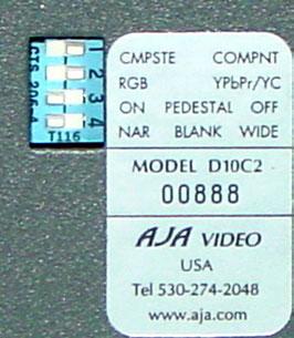 AJA D10C2 10-bit Serial Digital to Composite/Component Converter User Manual User Controls 5 User Controls The user interface for the D10C2 is a 4-switch DIP accessible through a cut-out in the