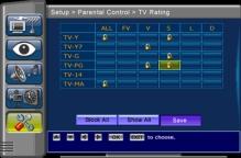 Setup-Parental Control-TV Rating The third item is TV rating TV rating screen. Select which rating is to be locked, or lock all or unlock all.