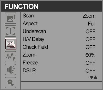 Marker Mat OFF, 1 7 Thickness 2, 4, 6 3-2-3 Function ITEMS OPTIONS Scan Zoom, Aspect, Pixel TO Pixel (Options can be adjusted only under scan mode.) Aspect Full, 16:9, 1.85:1, 2.