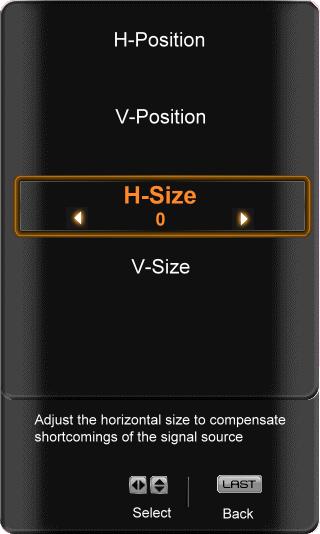 H-SIZE Adjust the horizontal size of the picture. V-SIZE Adjust the vertical size of the picture.