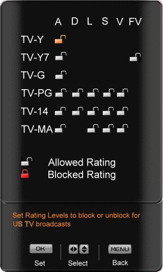 US TV Rating Note: When Rating Enable is OFF, US TV Rating adjustments are not available.