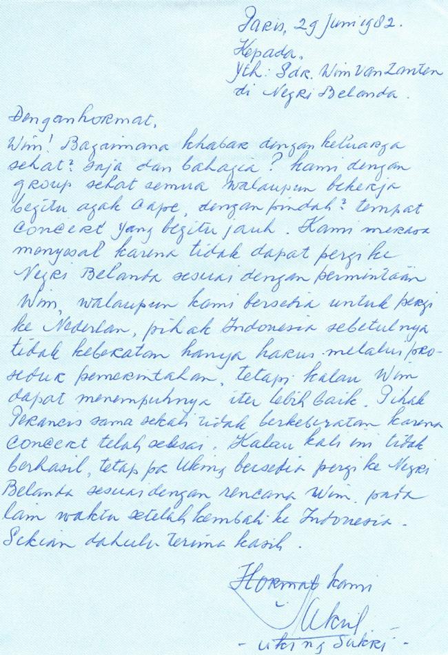 inspiring sundanese music and problematic theories 221 Image 9.2 Letter of 29 June 1982 to author by Uking Sukri when he was on a concert tour in France.