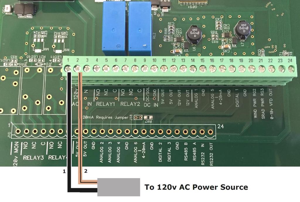 Wiring 120v AC Power to the Crop Link Unit If you are not using DC power or Solar Power: how to wire 120v AC to the Crop Link. 1. Connect 120v AC to the terminal marked 120v units pre-wired with a cable from AgSense use a Black wire.