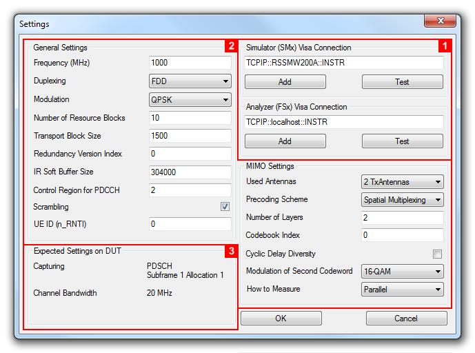 LTE Bit Stream Verification Program 3.1 Settings A click on Settings opens a window with basic settings (Fig. 10). Fig. 10: Settings window Settings for Remote Control (section 1 in Fig.