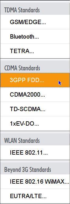 Fig. 3-30: SMW: selecting the 3GPP FDD (W-CDMA) signal in the