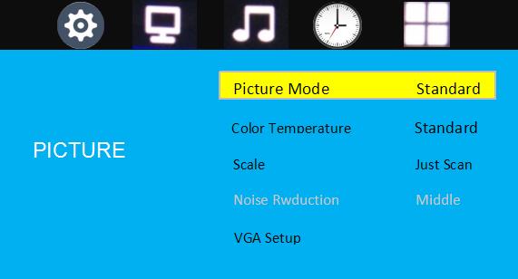 Picture mode: Press OK button to select picture modes, then press the < or > button to select Standard, Dynamic, Soft or User.