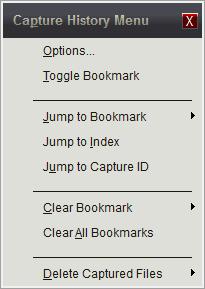 133 DigiView User's Guide Menu Button Click the Menu button (highlighted below) to display the Capture History Menu: Clicking "Options" will take you to the History options in Acquisition Options 108.