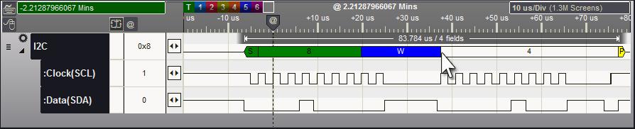 161 DigiView User's Guide Example for Signals with Field and Frame data When the mouse is within the edges of a Field, the time period of the Field is calculated.
