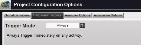 Configuration 70 Trigger Mode Selection DigiView has 4 trigger modes. You can switch between modes quickly from any waveform view or from the Project Configuration Options window.