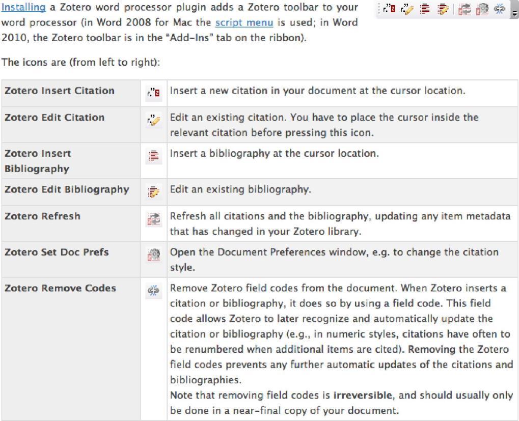B. Below is a layout of the Add-ins Zotero bar in Word and the various button from the