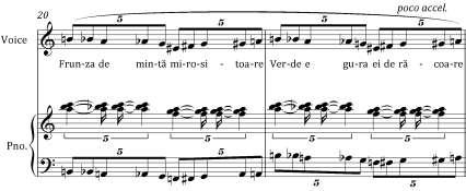 Studies Lumea de lume 6 (voice and piano) is written in a lively movement, the eigth note = 132, that impresses also by the rapid way in which action takes place.