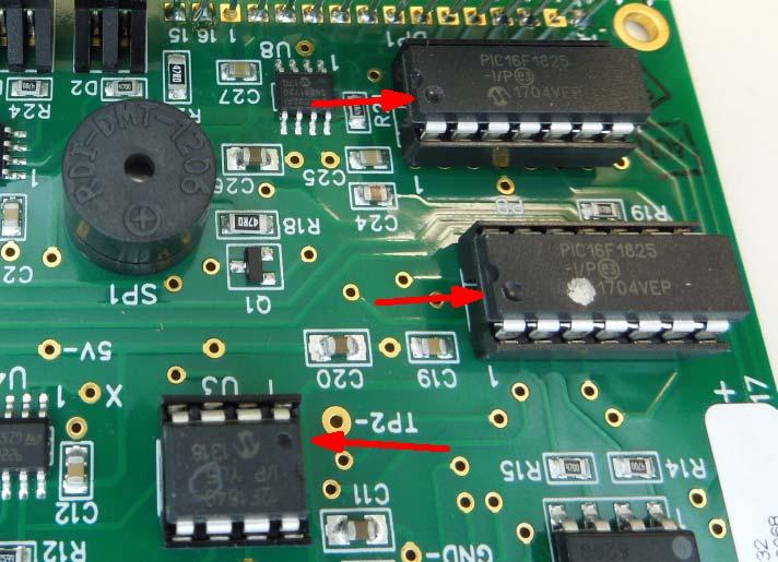 9) Next install the 8 pin PSoC microprocessor at U3. Install the 14 pin PIC16F1825 with colored dot at U5. Install 14 pin PIC 16F1825 with (no dot) at U7.