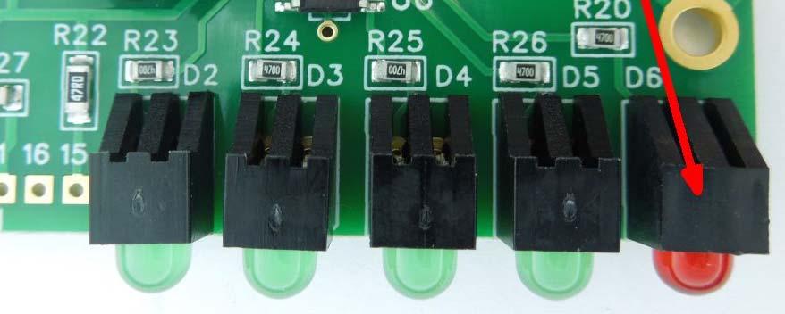 5) Install five GREEN LEDs D2-D5 and one RED LED D6. Solder and trim component leads.