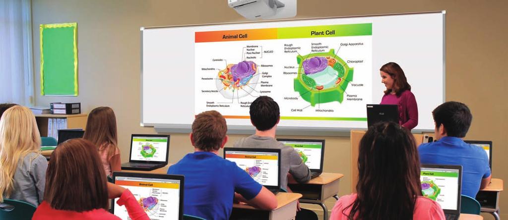 Projected screen image is simulated. Ultra-short-throw projectors with connectivity for the BYOD classroom.