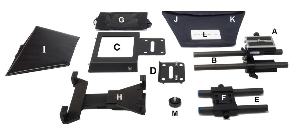 Packing List Item Description Quantity A Adjustable Camera Plate 1 B 15mm Carbon fibre rod Length 230mm 2 C Hood Frame with square hole and Velcro straps for item G.