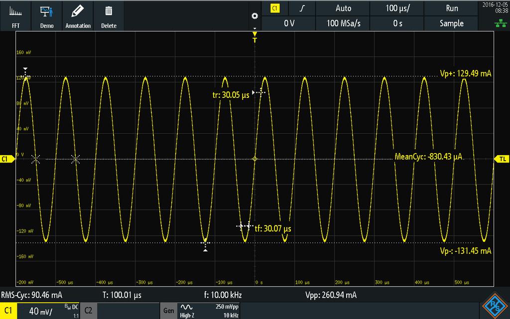 The oscilloscope captures and analyzes signals from analog and digital components of an embedded design synchronously and timecorrelated to each other.