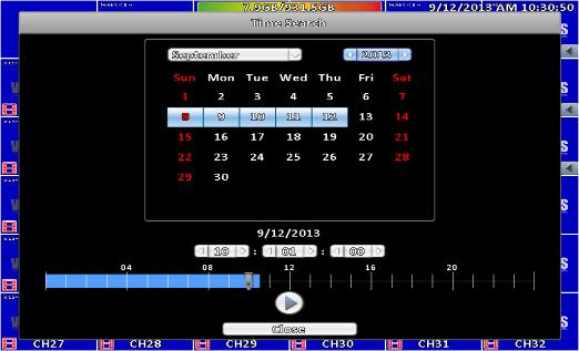 2-4 Time Search Time search can search for the specific time of recorded data to playback. Note that dates with recording data are marked with a blue box.