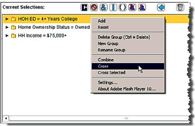 About Cross and Cross Selected The Cross and Cross Selected commands are available from the shortcut menu of the Co-View Demographics/Demographics, Market Breaks, and Custom Coverage Areas pages.