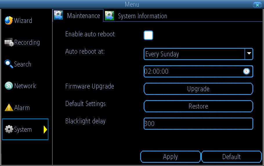 System: Maintenance & System Information NVW-470 NVW470K8010010004000000 Enable auto reboot: To maintain the operational integrity of the device, it is suggested that it be rebooted periodically.