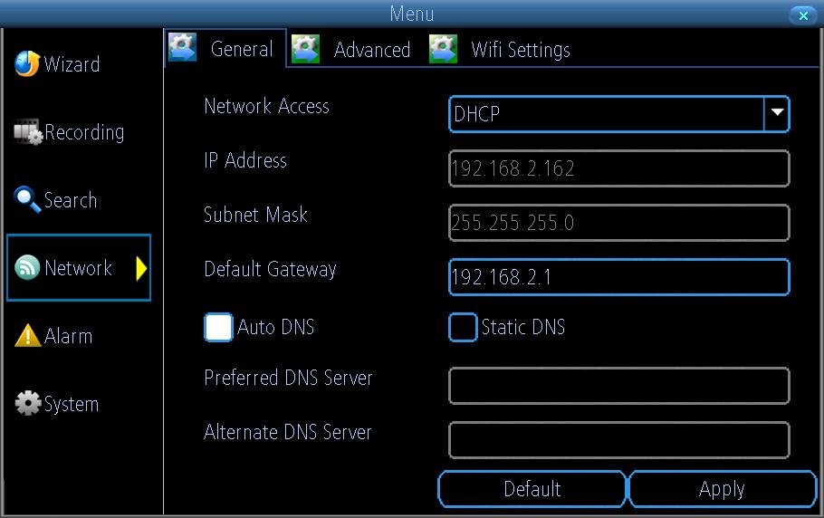 Network: General Network Access: Here you can choose between the three different types of networks that the device can be connected to.